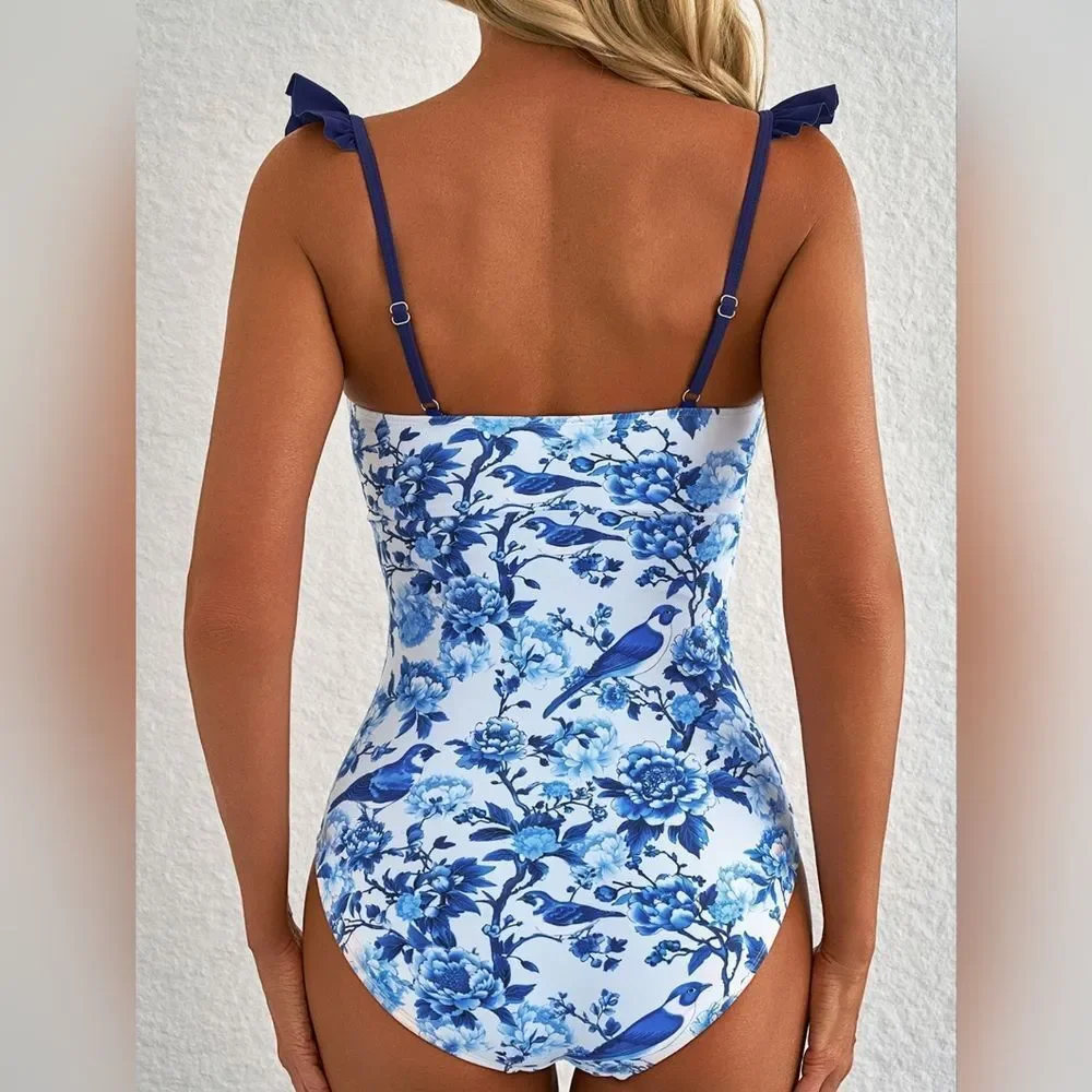 Cutout Ruffled Spaghetti Strap One-Piece Floral Blue Ruffle Strap Swimsuit S M